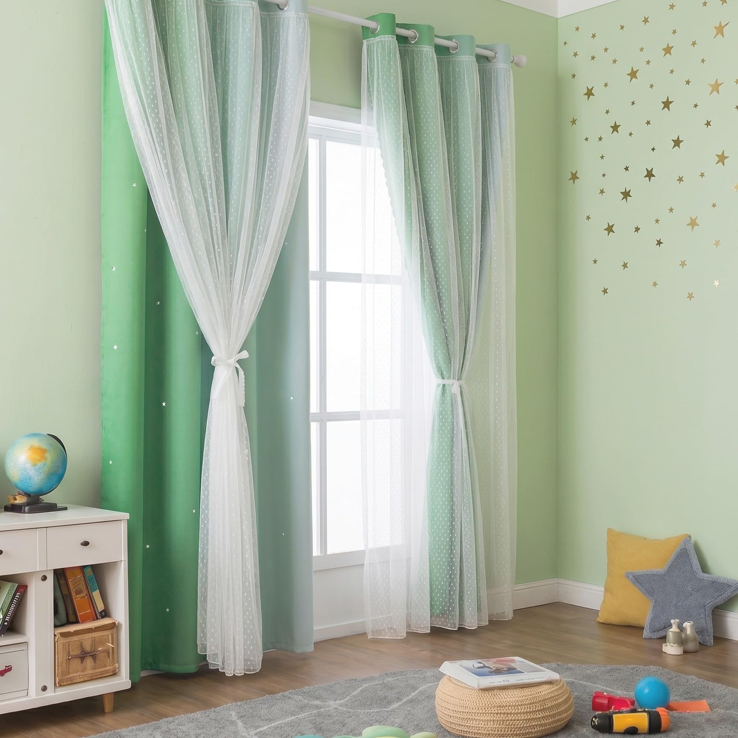 MYSKY HOME Kids Green Blackout Curtains for Boys Bedroom Decor Living Room, Hollow-Out Stars Thermal Insulated Grommet Ombre Curtain for Nursery Room, W34 X L90 Inches Long, 2 Panels