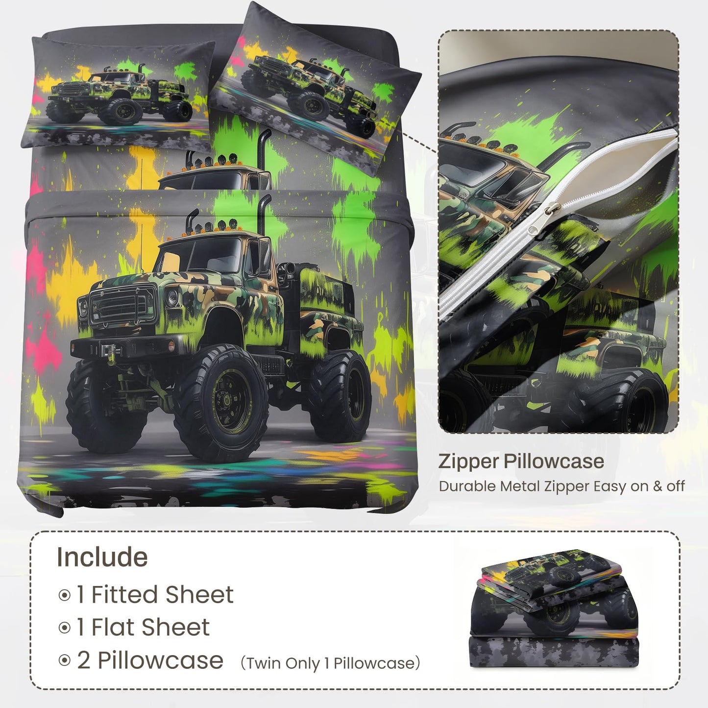 Monster Truck Queen Bedding Set Off Road Sheet Sets, Green