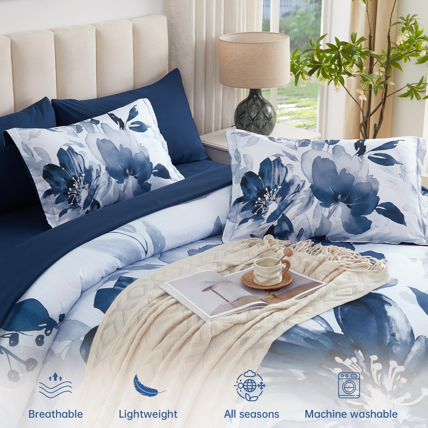 Luxudecor Floral Comforter Set Queen Size, 7 Piece Blue Flower Set Bed in a Bag,Soft Microfiber Farmhouse Shabby Chic Bedding Set for All Seasons(90"x90")