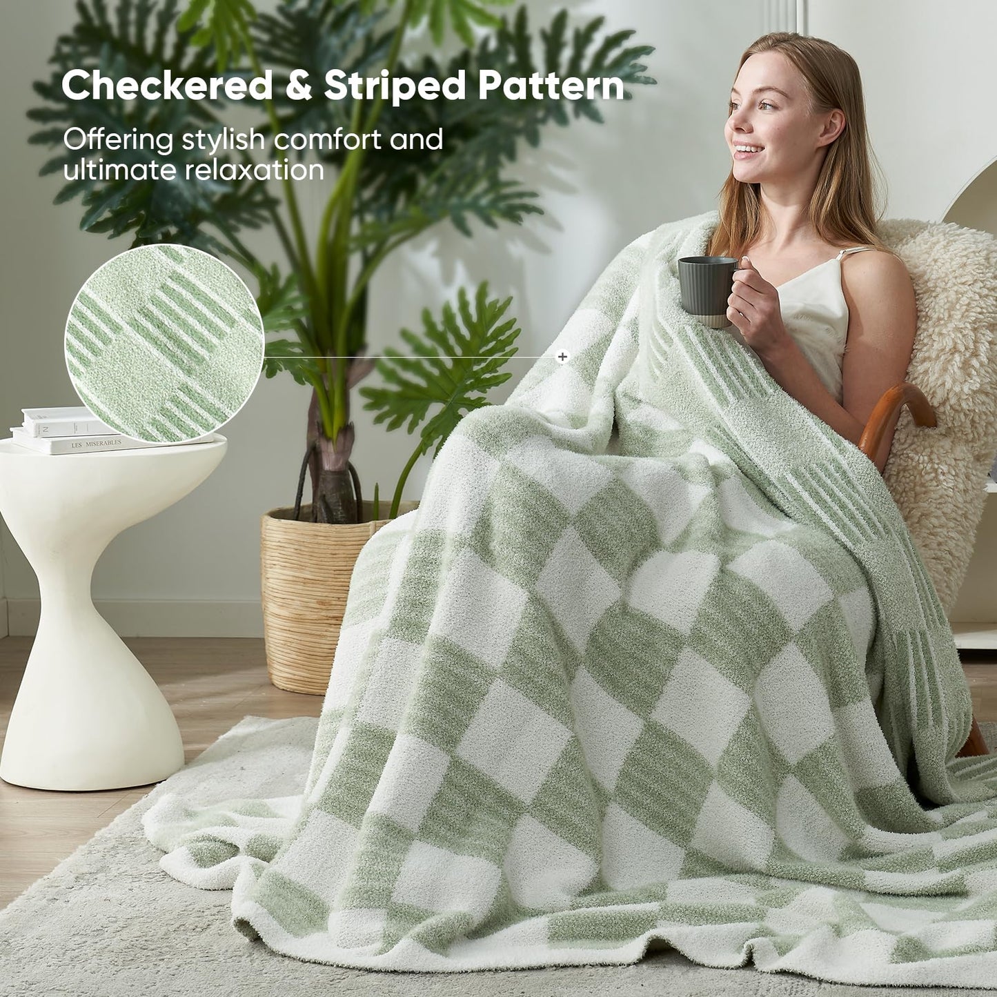 Snuggle Sac Sage Green Checkered Throw Blanket, Super Soft Reversible Cozy Warm Faux Fur Blankets for Couch Bedroom,Cute Lightweight Striped Throws for Women,Heather Sage Green,50x60 inches
