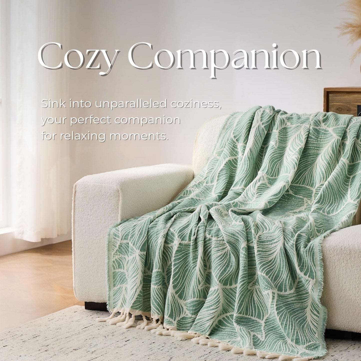 DOWN HOME Chenille Cotton Throw Blanket for Couch, Lightweight Boho Blanket for Bed Sofa Chair Living Room Outdoor Soft Woven Decorative Blanket with Tassel Gift Green Leaves 55"x60"