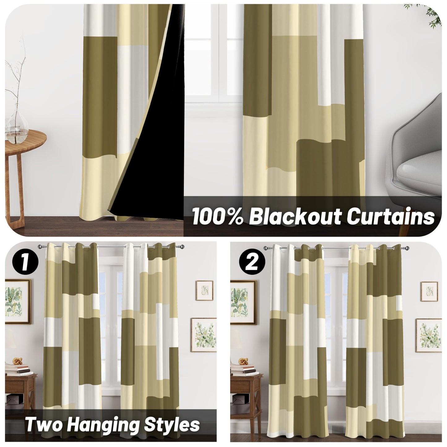 Tyrot Beige 100% Blackout Curtains for Bedroom 84 inch Long 2 Panels Set White Beige Modern Abstract Geometric Black Out Curtains Insulated Room Darkening Window Drapes for Living Room, 52Wx84L