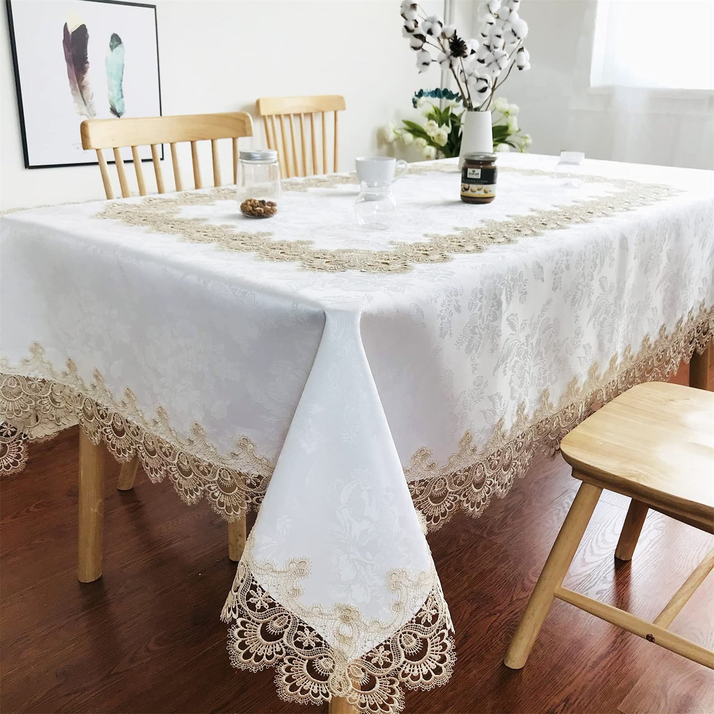 BrekSdat Lace Tablecloth Fabric Washable Beige 60x120inch