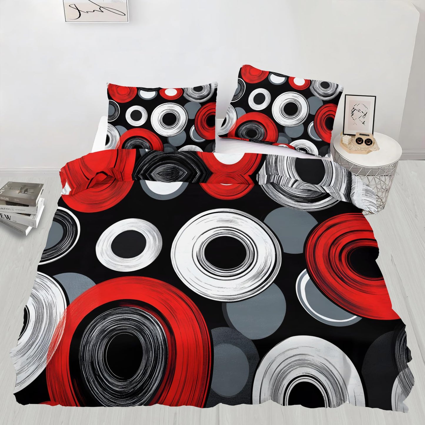 GKPLY Red Black Circles Duvet Cover Cal King, Modern Abstract Bedding Sets, Bold Geometric Comforter Set, Zipper & Ties, Retro Style Duvet Cover & 2 Pillow Cases, Reversible Print