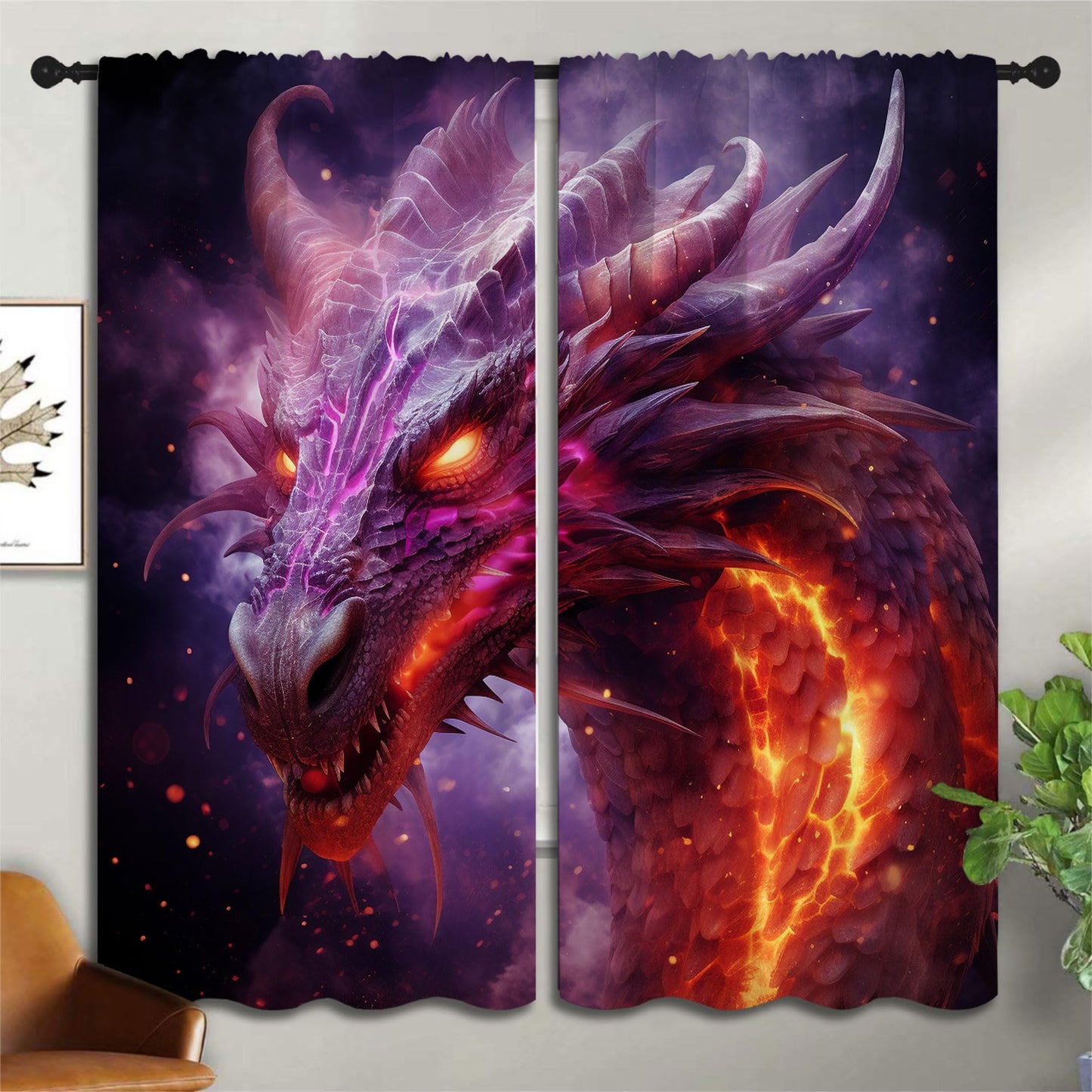 PYMATYTN Fire Dragon Blackout Curtains for Boys Girl Bedroom Decor,Fantasy Creature Abstract Art Thermal Insulated Rod Pocket Drapes Darkening Window Curtain for Living Room Home 55x63 inch