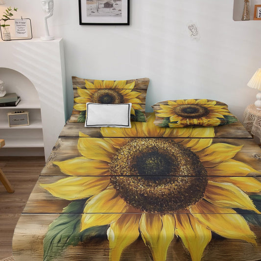 NOGAWA Sunflower Sheets Queen, Yellow Floral Bed Sheets, Rustic Wood Bedding Sheets, Soft Microfiber Deep Pocket Fitted Sheet, Flat Sheet, 2 Pillowcases