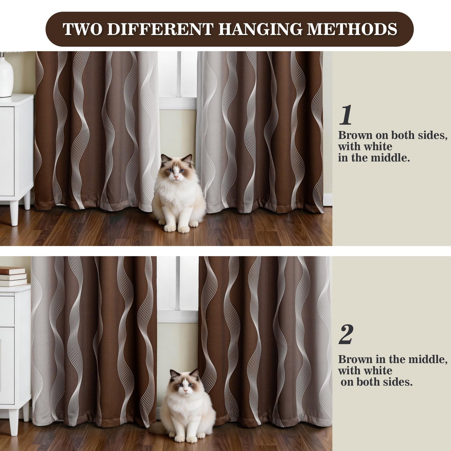 MYSKY HOME Brown and Greyish White 95% Blackout Ombre Curtains 63 inch Length 2 Panels for Bedroom Black Out Thermal Insulated Wave Line Foil Print Design Gradient Drapes for Office Classroom, W 52"
