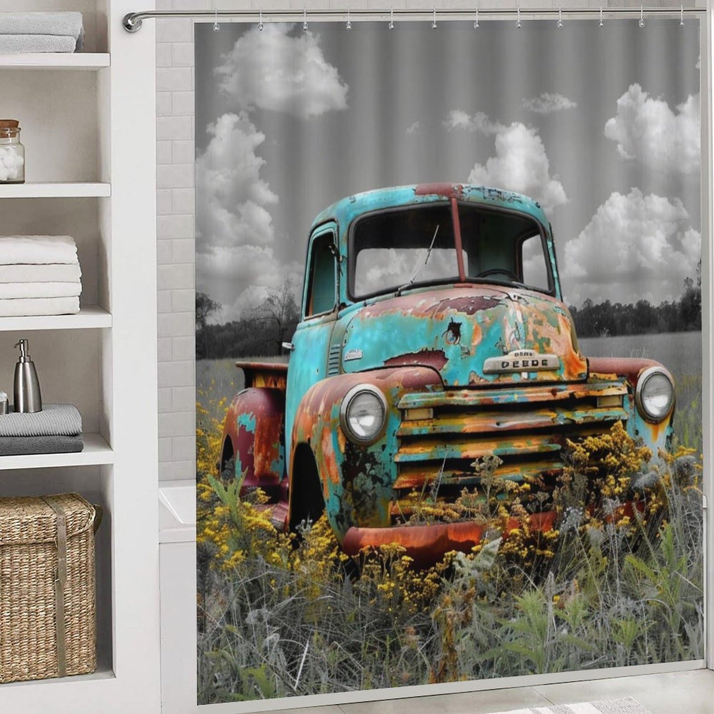 FOCCAFB 4 Piece Abstract Old Truck Shower Curtain Set with Rugs, Vintage Country Field Green Car Include Bathroom Non-Slip Floor Mat, U-Shaped Bath Rug and Toilet Cover Lid with 12 Hooks