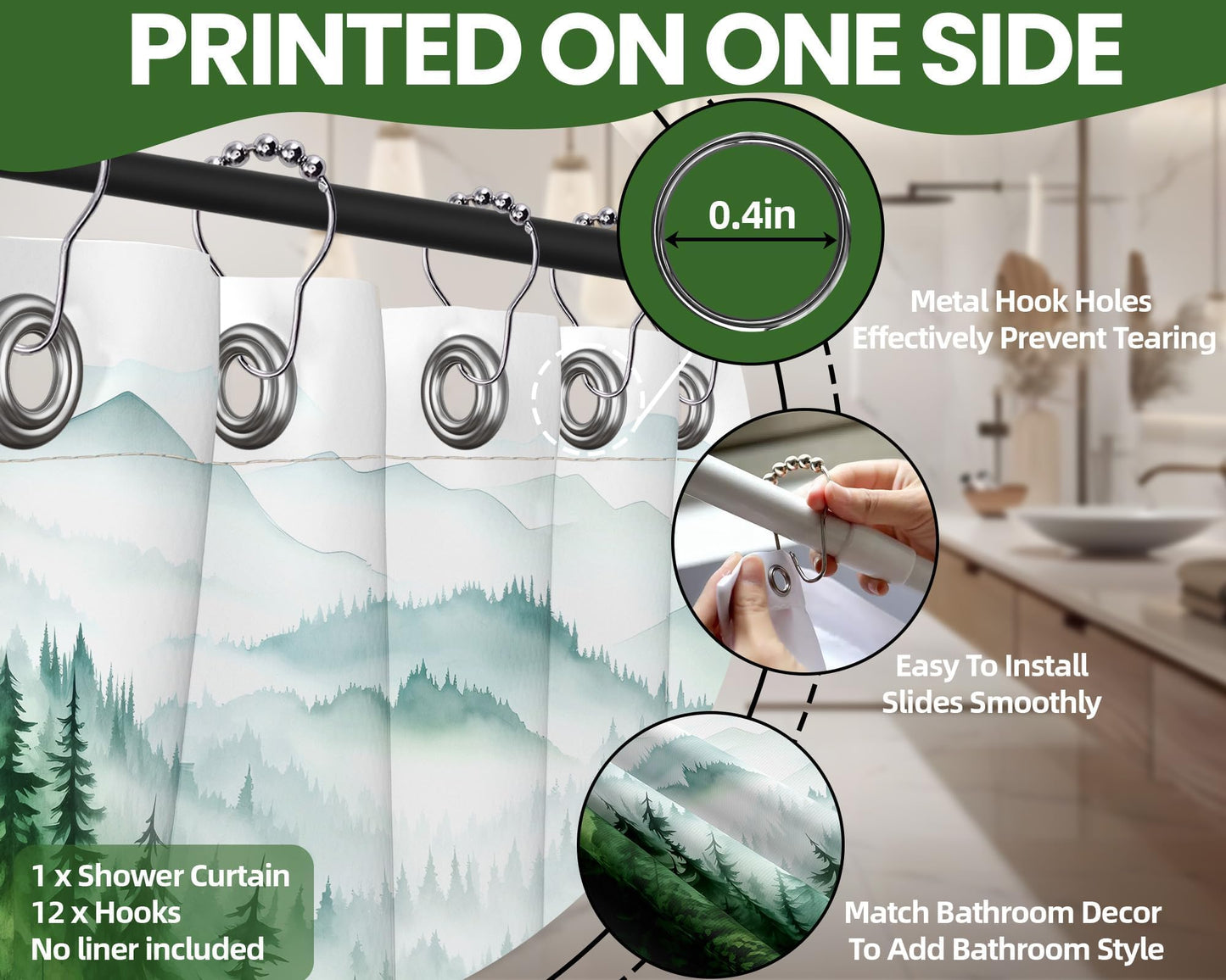 QGHOT Dark Green Forest Shower Curtain Green and White Shower Curtains for Bathroom Decor Sets, Nature Mountain Pattern, Waterproof Polyester Fabric with Hooks, 70" W x 72" L