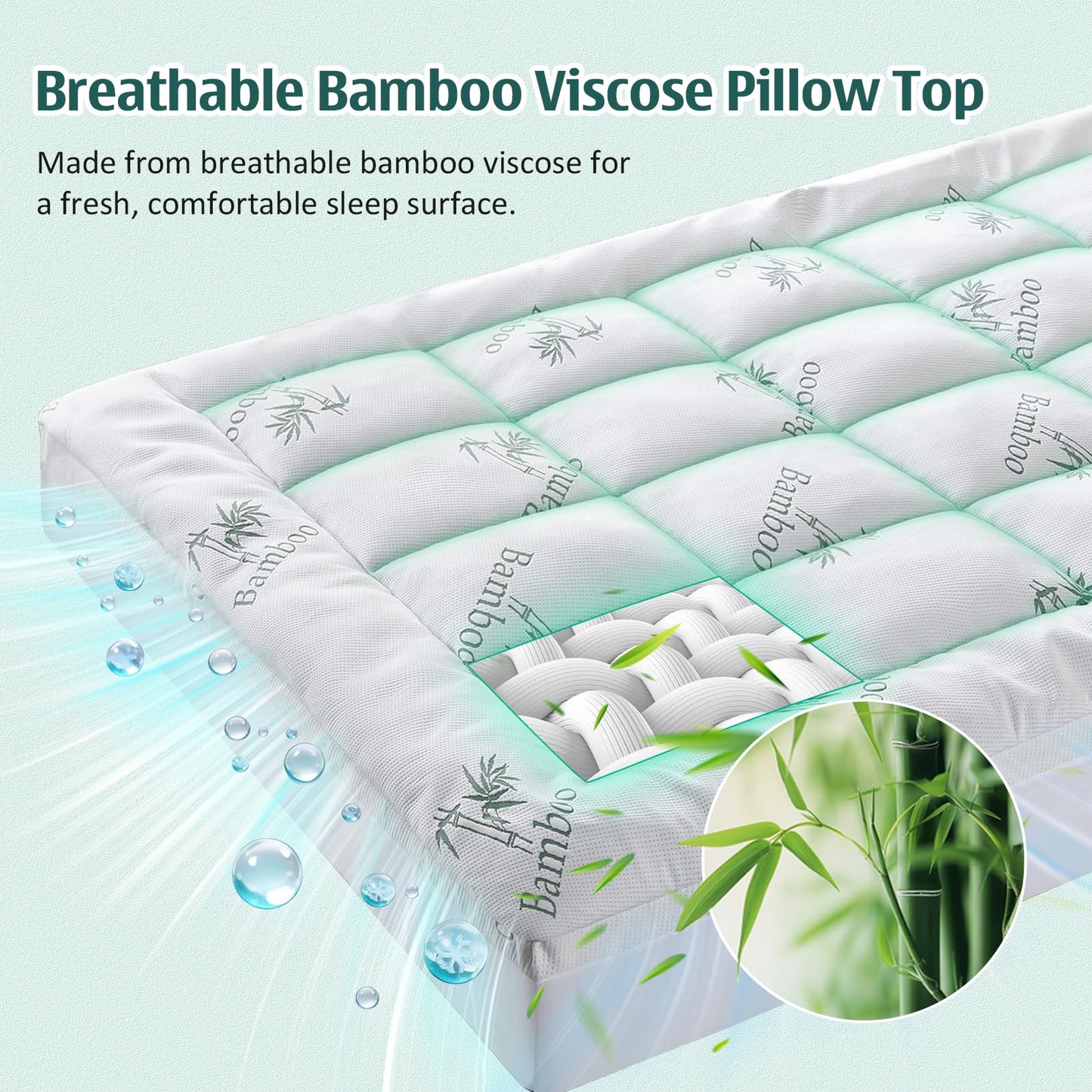 DOWNCOOL Memory Foam Mattress Topper King, Pillow Top Mattress Pad for Back Pain Relief, Viscose Derived from Bamboo, Deep Pocket Fits 8–21 Inch