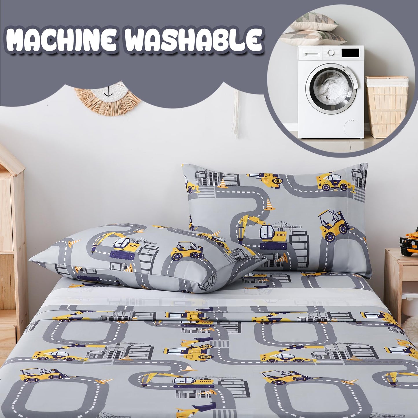 Yibeizi Full Size Sheets Set Kids, Grey Truck Pattern Microfiber Double Bed Sheets, Cute Soft Oeko-Tex Extra Deep Pocket Sheets & Pillowcases Cooling Hypoallergenic Wrinkle Free Bedsheets