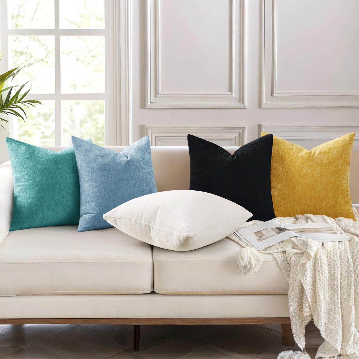 decorUhome Chenille Turquoise Summer Throw Pillow Covers 18x18 Inch Set of 2, Decorative Soft Couch Pillow Covers Solid Dyed Accent Farmhouse Neutral Square Pillow Cases for Sofa
