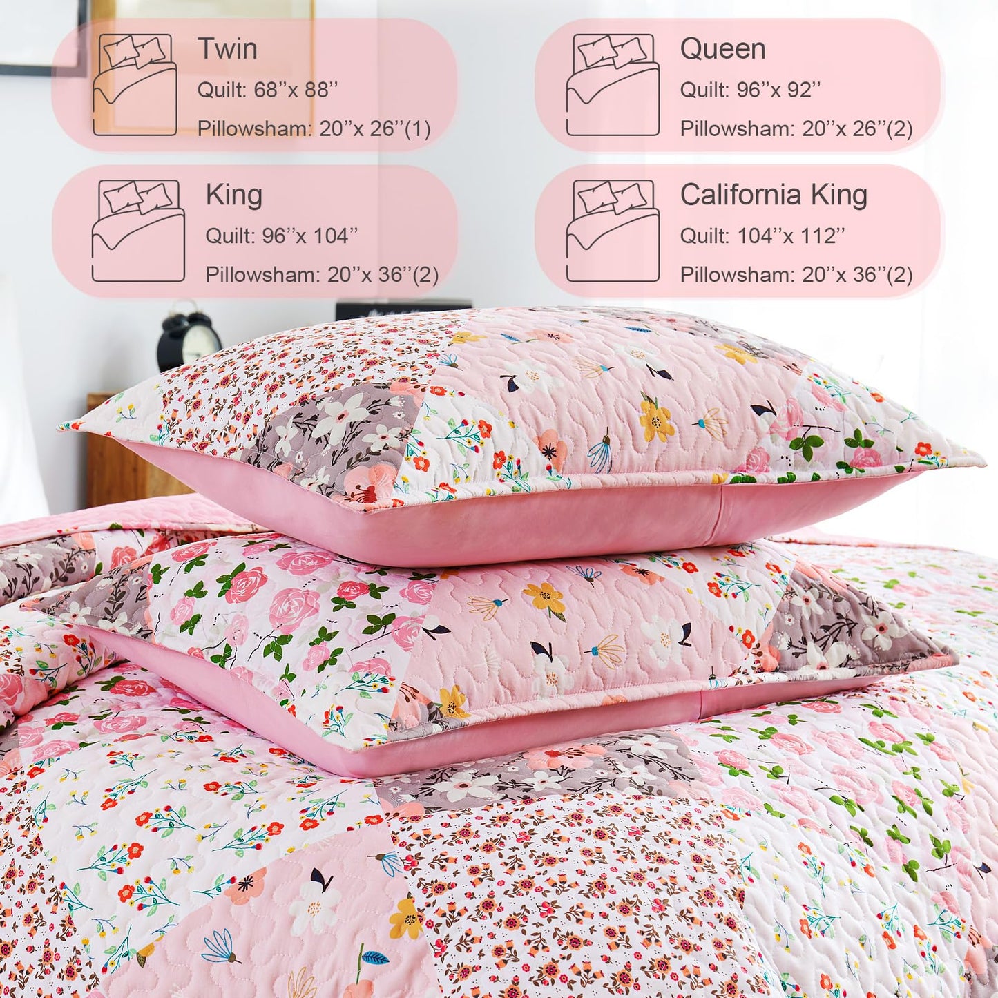 Whale Flotilla Patchwork Quilt King Size, Extra Soft Boho Floral Bedspreads for Bed Reversible Lightweight King Quilt Bedding Set Printed Coverlets with 2 Pillow Shams for All Seasons, Pink