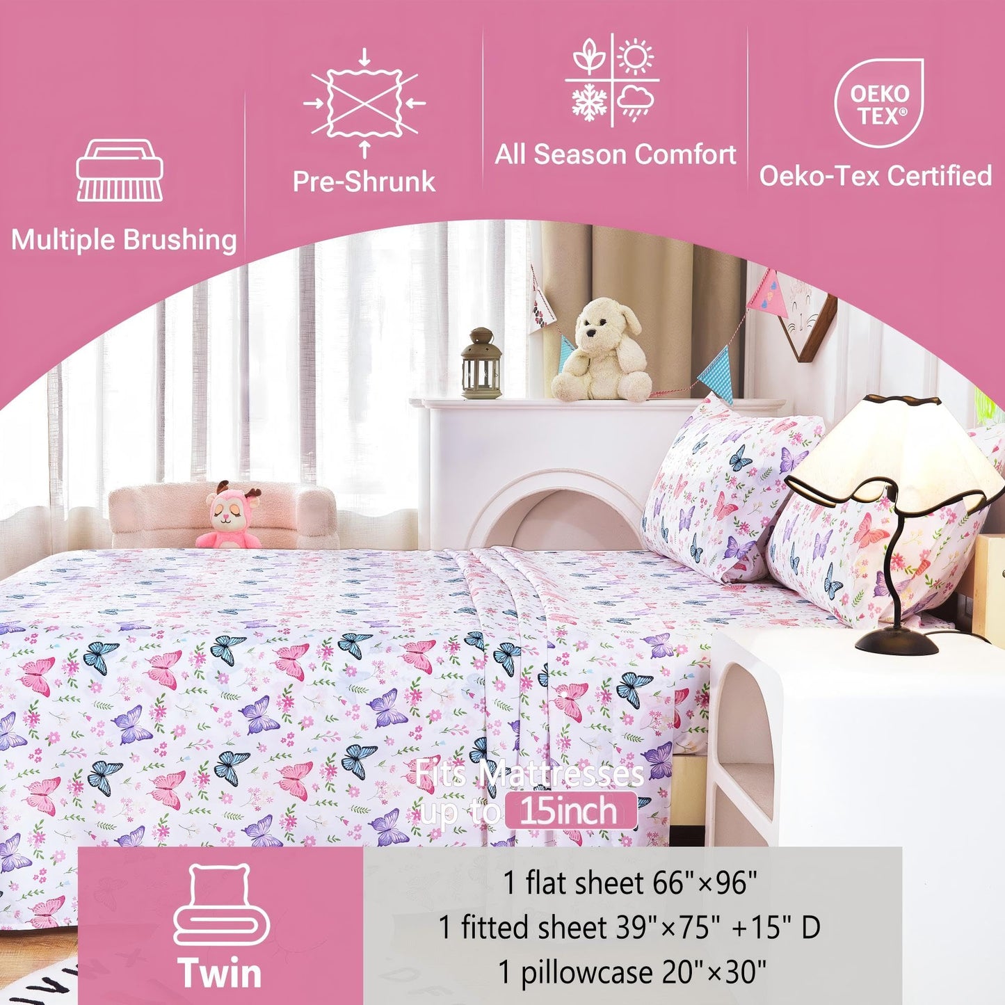 Softan Kids Bed Sheet Set, 3-Piece Twin Sheets Set, Microfiber Fitted Sheet with 15 Inches Deep Pocket and Corner Straps, Breathable & Silky Soft Butterfly Flower Printed Sheet and Pillowcase Sets