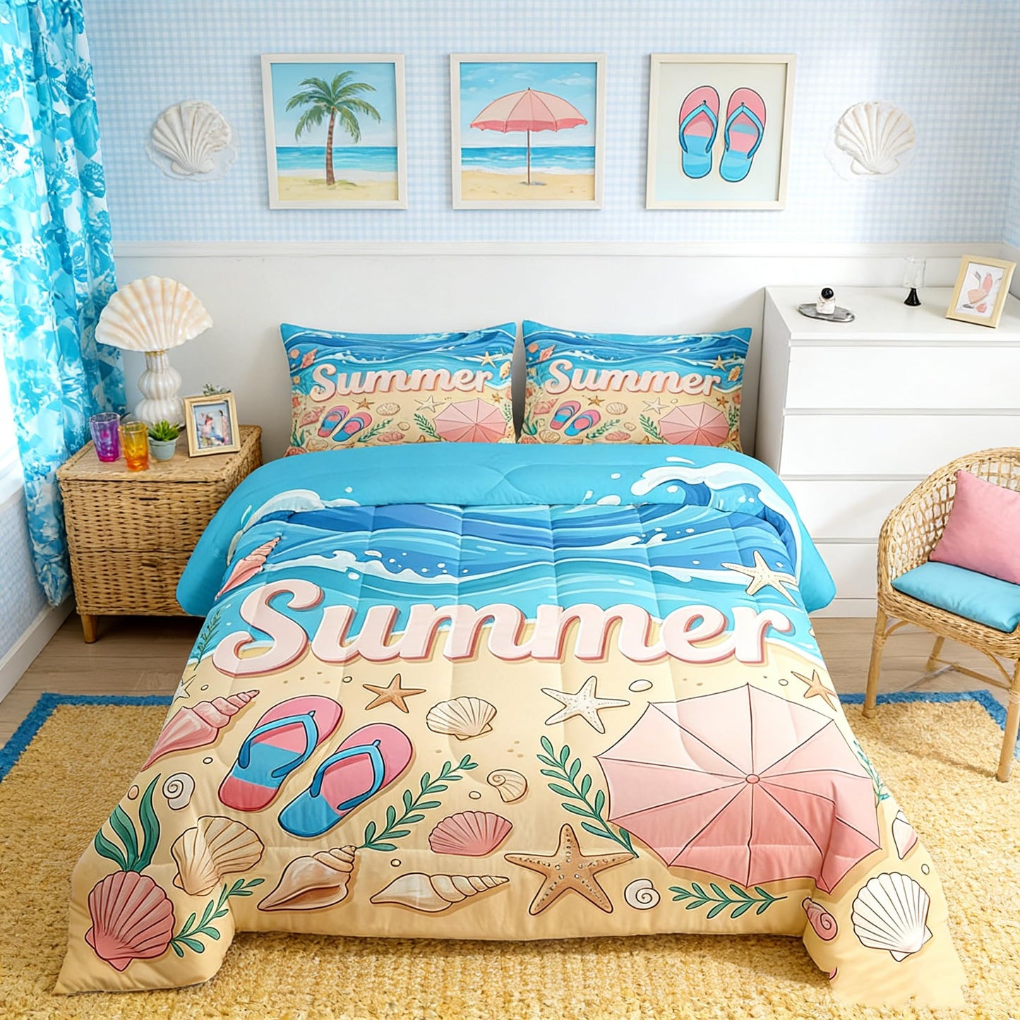 Castle Fairy Queen Size Summer Coastal Starfish Shell Conch Comforter Set with 2 Pillowcases-Blue Flip Flops Bedding for Kids Girls Room Decor,Tropical Hawaiian Beach 3 Pieces All Season Duvet Insert