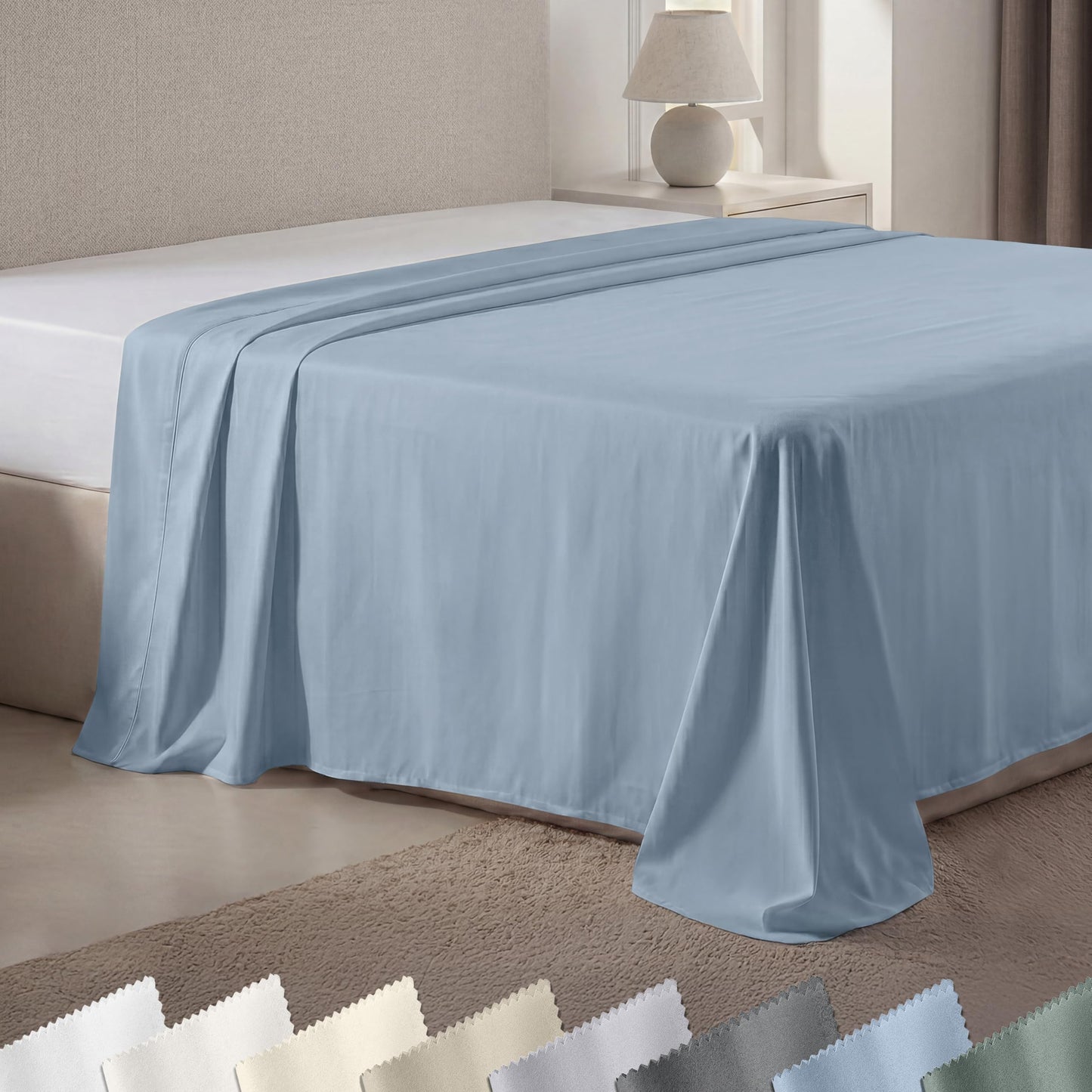 California Design Den King Size Flat Sheet Only - 100% Cotton, 600 Thread Count, Soft and Breathable Top Sheet, Sateen Weave, Premium-Feel Bedding, Featuring Foot Side Indicator - Blue