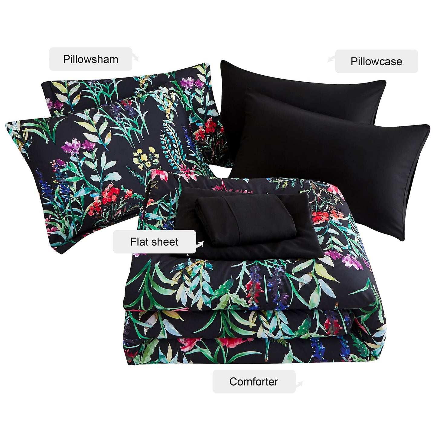 DHSFKBE 7 Piece Bed in a Bag Floral Comforter Set, Botanical Flowers Comforter and Sheet Set, Soft Microfiber Lightweight Bedding Comforter Set for All Season(Dark Floral, Queen)