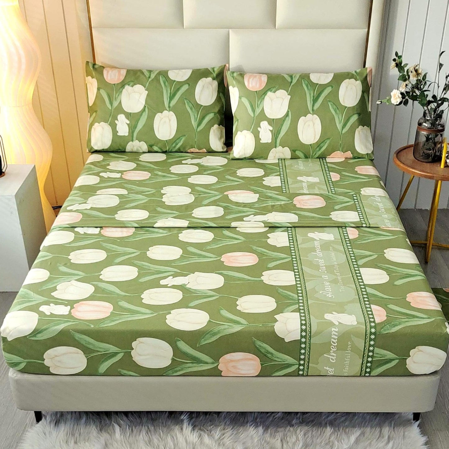 SDIII 4PCS Rabbit and Green Floral Bed Sheets Twin Set, Soft Microfiber Twin Bed Sheets Floral, Botanical Bedding Sheet All Season
