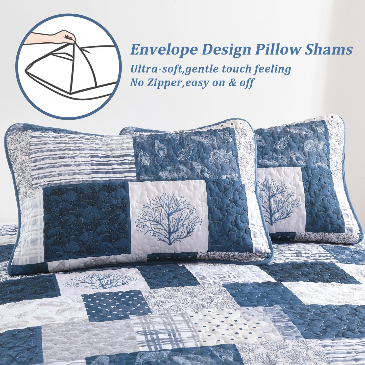 Xruibed Blue Ocean Quilt Set Queen Coastal Beach Theme Quilt Coverlet Soft Microfiber Reversible Bedspread with 2 Pillow Shams 3 Pieces Nautical Patchwork Beach Bedding Quilt for All Season 90"x96"