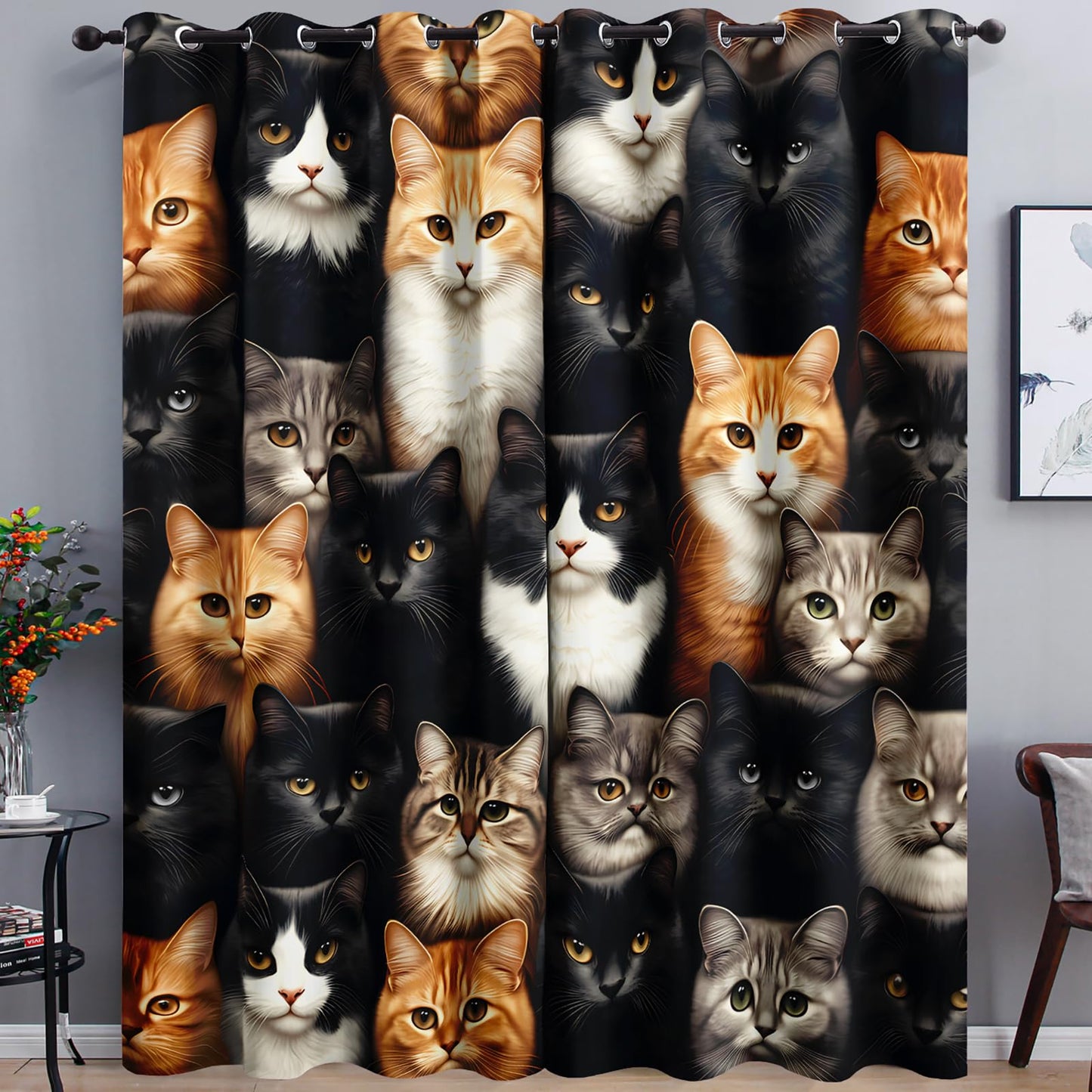 AILONEN 3D Cat Head Window Curtain,Cute Kitten Pet Curtain Tiers for Teens Bedroom Decor,Kawaii Animal Theme Window Treatment Drapes for Living Room Decor, 42" W x 63" H 2 Panels