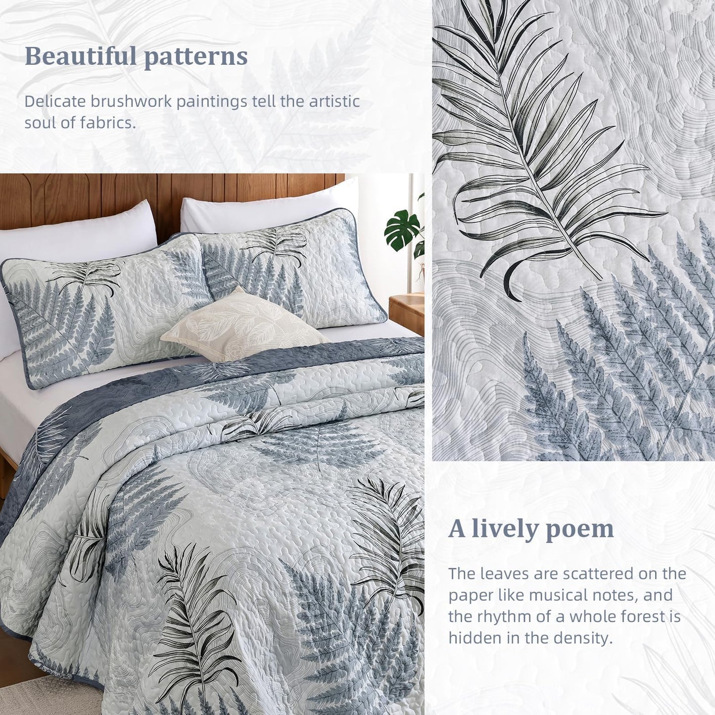 Dinjoy Blue Quilts Set Queen Size, Botanical Bedspread Bedding Set Floral Leaf Pattern Reversible Quilt Coverlet Set 3 Pieces, Summer Bedspread Bed Cover with 2 Pillow Shams for All Seasons