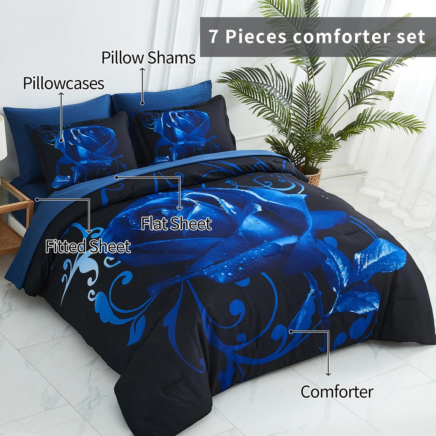 Xruibed Blue Comforter Set King 7 Piece Bed in a Bag Blue Rose Comforter with Sheet Set Soft Micorfiber Reversible Bedding Set (1 Comforter,2 Pillow Shams,1 Flat Sheet,1 Fitted Sheet,2 Pillowcases)