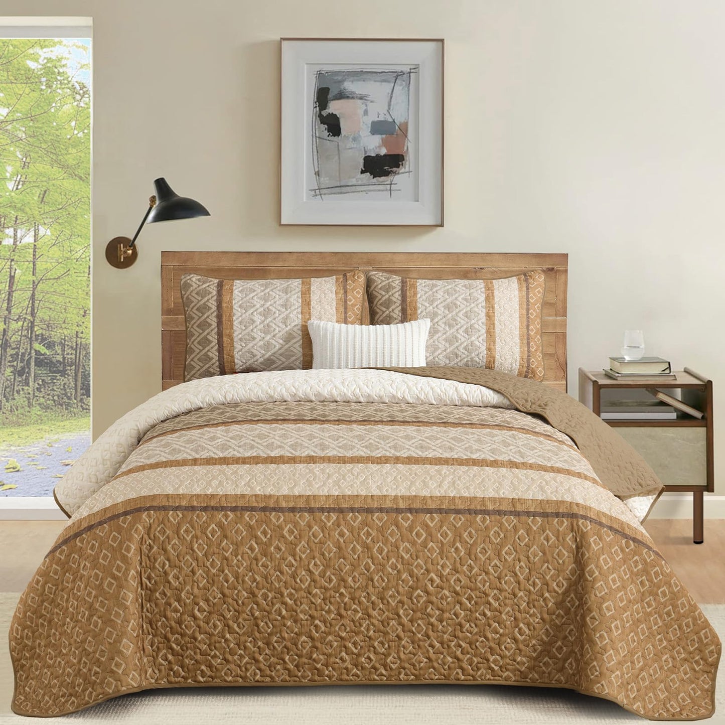 Dinjoy Boho Queen Quilt Set, Striped Bedspread Queen Size, Light Brown Bedding Sets 3 Pieces Micofiber Lightweight Quilts with 2 Pillow Shams Coverlet Bed Sets for Women Men 96''x90''