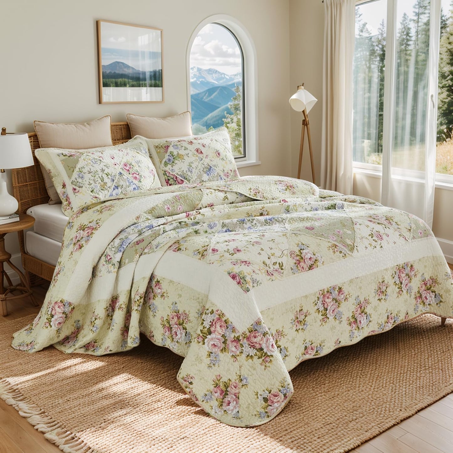 Brandream Patchwork Quilts Cotton Queen Size Country Rustic Rose Floral Bedding Coverlet Set 3-Piece Pale Yellow