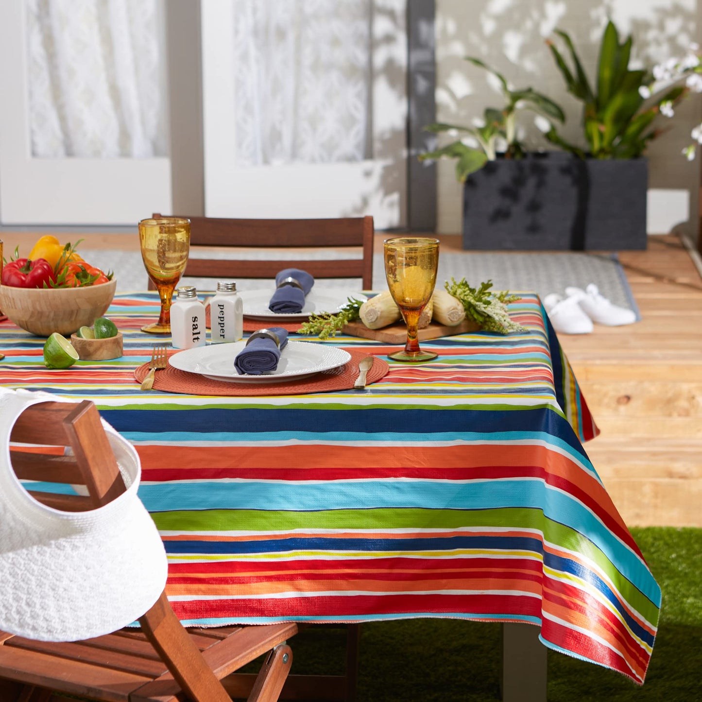 DII Vinyl Tabletop Collection Indoor/Outdoor Spill-Proof Flannel Backed Tablecloth, Rectangle, 60x84, Summer Stripe