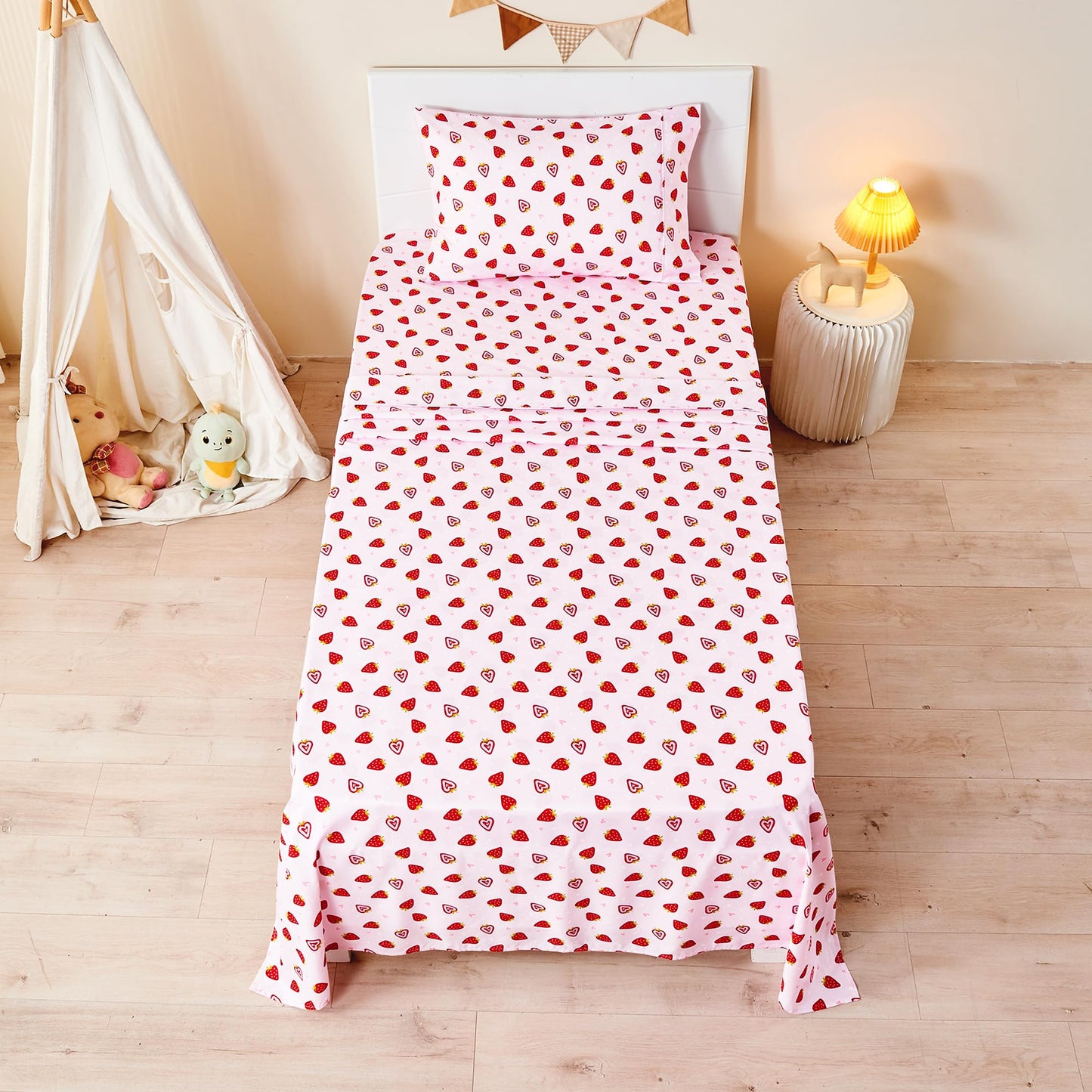 lasoftan Pink Strawberry Printed Kids Sheet Set Twin Size, 3 Pcs Breathable & Silky Soft Microfiber Kids Fitted Sheet, Bed Sheets with 15" Deep Pocket for Boys and Girls