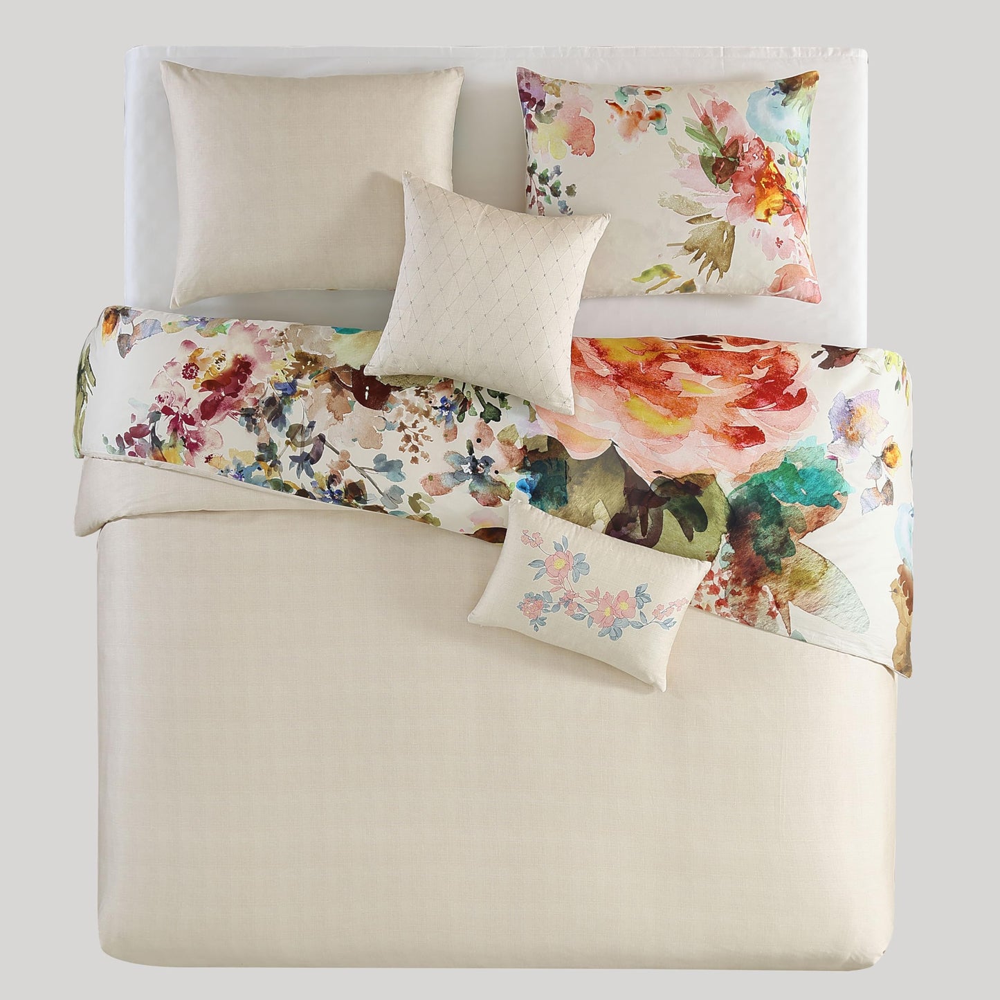 Bebejan Antique Flowers 5 Piece Comforter Set, 100% Cotton Sateen, 200 Thread Count, Ivory Floral Reversible Bedding Comforter Set, 1 Comforter, 2 Shams & 2 Pillows (King/Cal King)