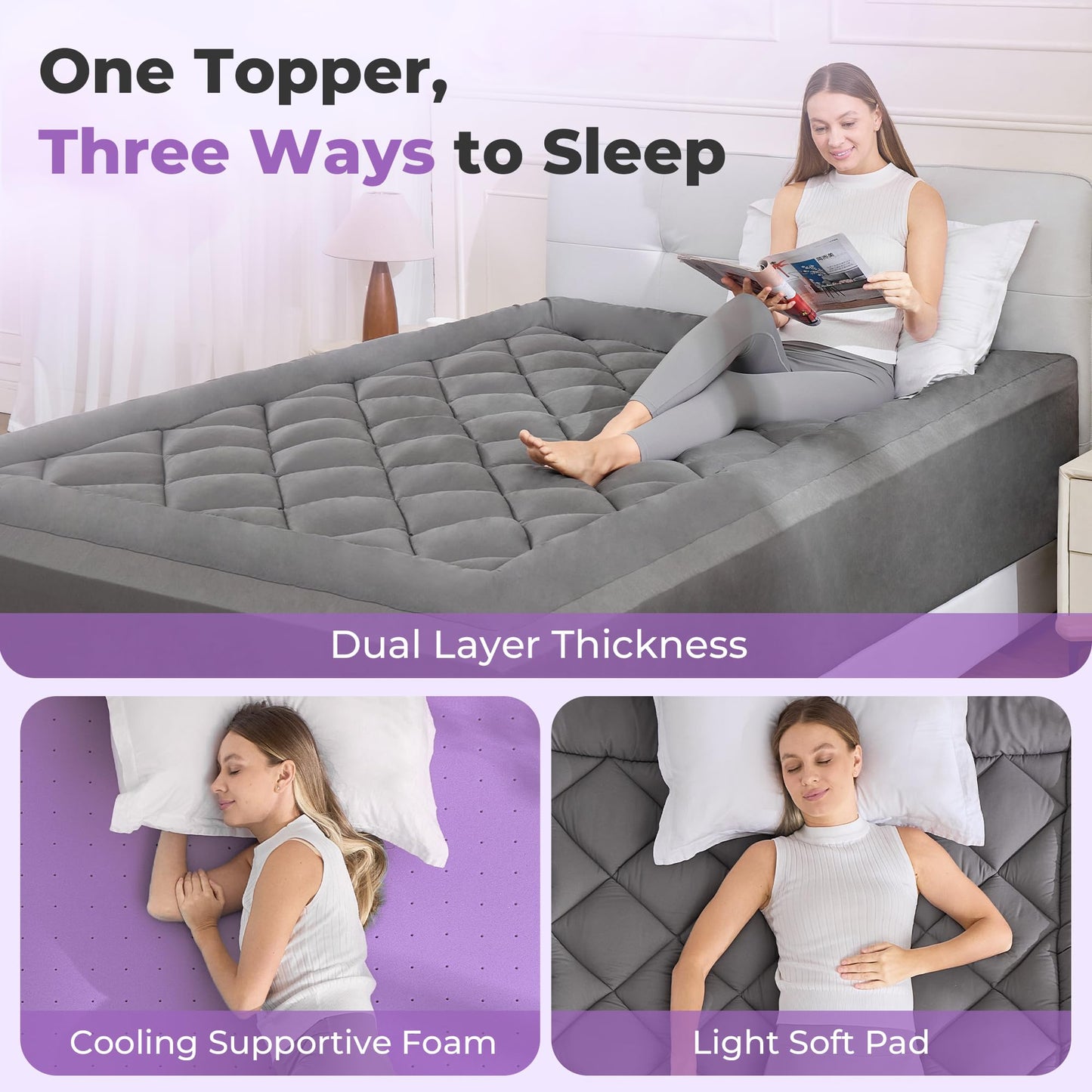 SINWEEK 5 Inch Dual Layer Memory Foam Mattress Topper Queen Size, 2 Inch Gel Memory Foam Plus 3 Inch Plush Soft Pillow Top Cover Filled with 1450GSM Down Alternative Filling,Gray