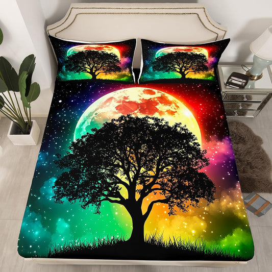 Feelyou Kids Colorful Tree Bed Sheet Set Full Size, Tree Branches Fitted Sheet Boys Girls Nature Theme Bedding Set Glitter Romantic Teens Bed Cover Bedroom Decor Lightweight Bed Set (No Flat Sheet)