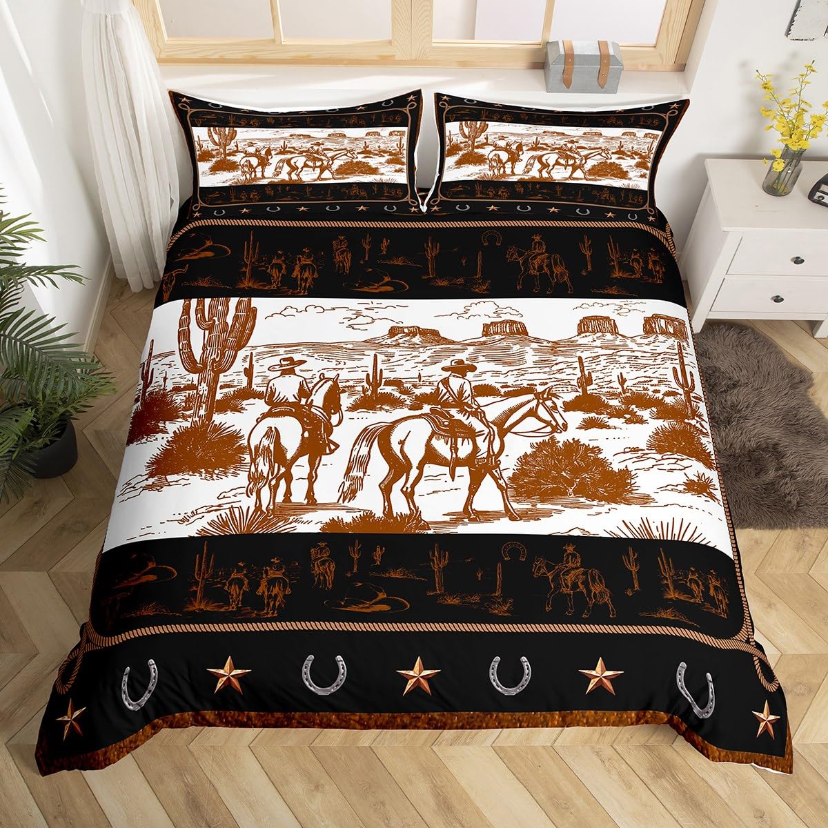 Manfei Western Cowboy Duvet Cover Set Queen Size, Cowboy Horse Western Bedding Set 3pcs, Wild West Cactus Farmhouse Brown Quilt Cover, Kids Boys Teens Room Decor, 2 Pillowcases, No Comforter