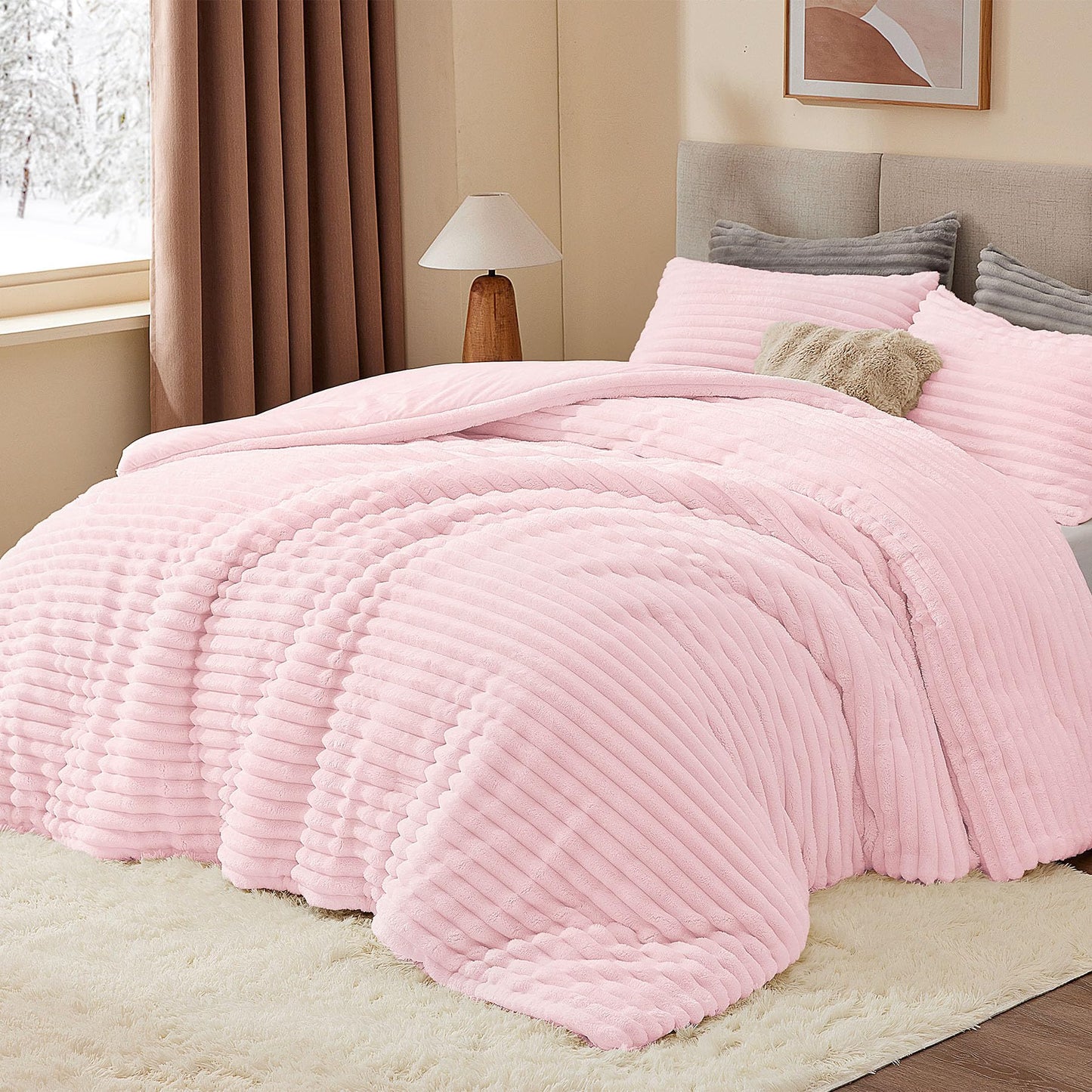 BEDELITE Fleece Queen Comforter Set -Super Soft & Warm Fluffy Cherry Blossom Bedding, Luxury Fuzzy Heavy Bed Set for All Season with 2 Pillow Cases