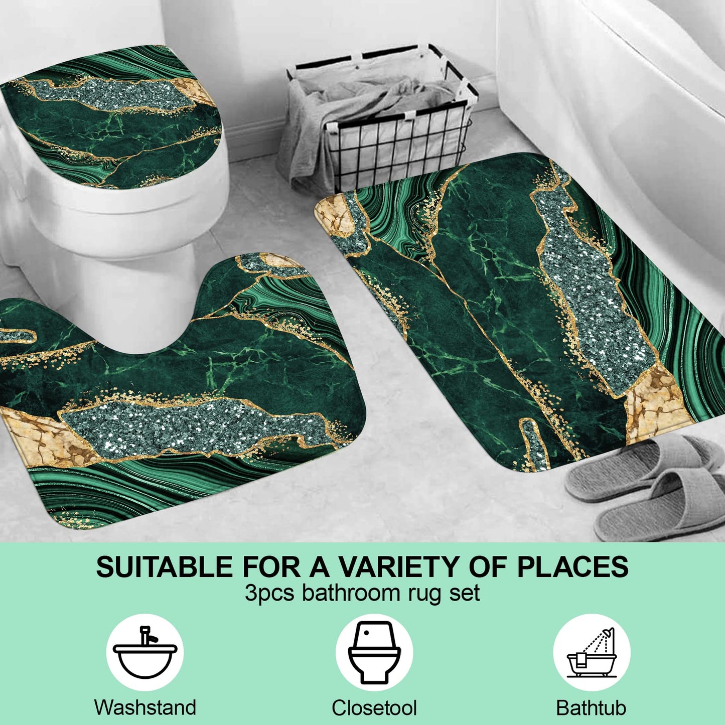 EMHOME 4PCS Marble Shower Curtain Sets, Modern Bathroom Sets With Toilet Lid Rug, Contour and Bath Mat, Luxury Bathroom Decor with 12 Hooks, 72 x 72 Inch, Green