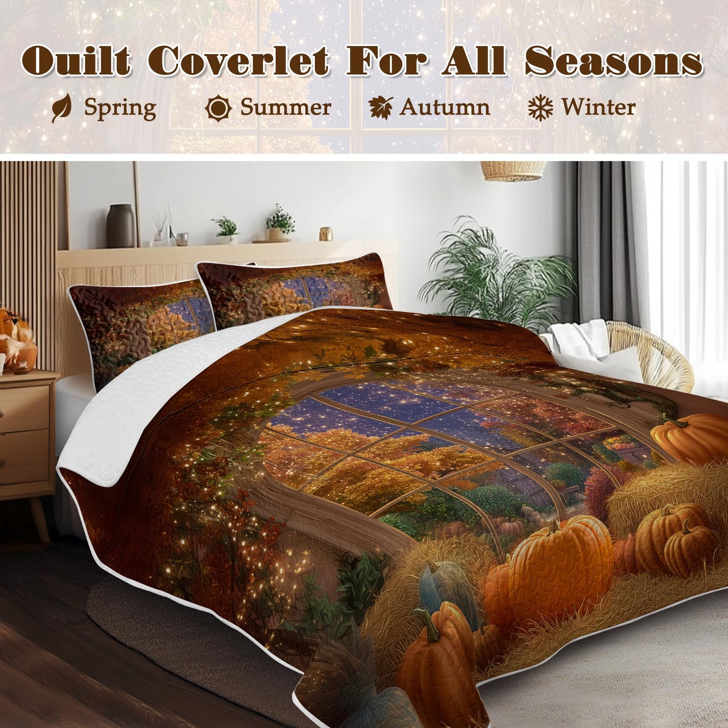 BlessLiving Fall Quilt Set King Size: Ultra Soft Microfiber Lightweight Shining Pumpkin Bedspreads Coverlets Quilt Bedding Set with 2 Pillow Shams for All Seasons