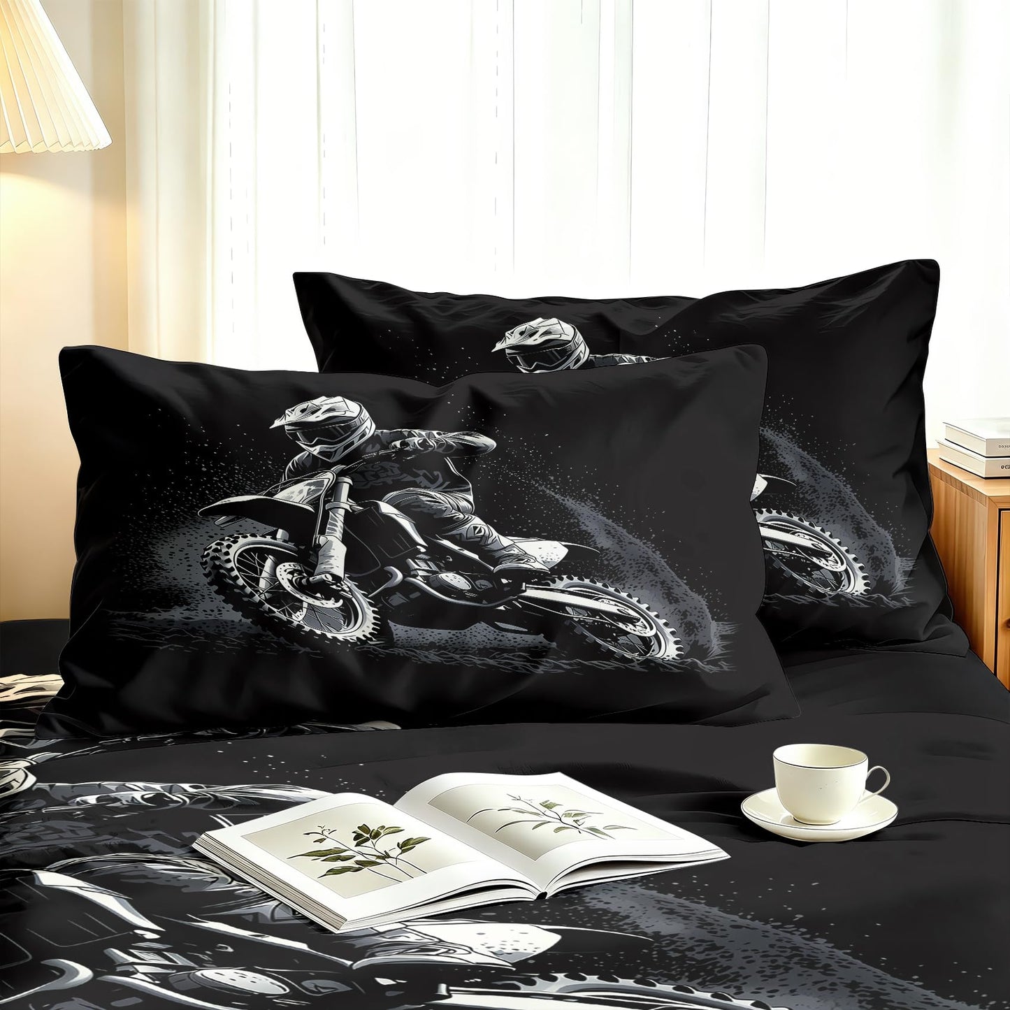 Motocross Queen Sheet Set Dirt Bike Flat Fitted Sheet Sets, Gray Black
