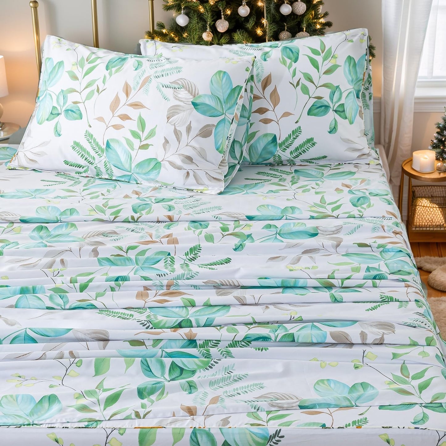 FADFAY Twin Sheet Set 100% Cotton Teal Green Leaf Print, Modern Botanical Bed Sheets, Soft Crisp & Breathable Deep Pocket Fitted Sheet, Luxury 4-Piece Bedding Set