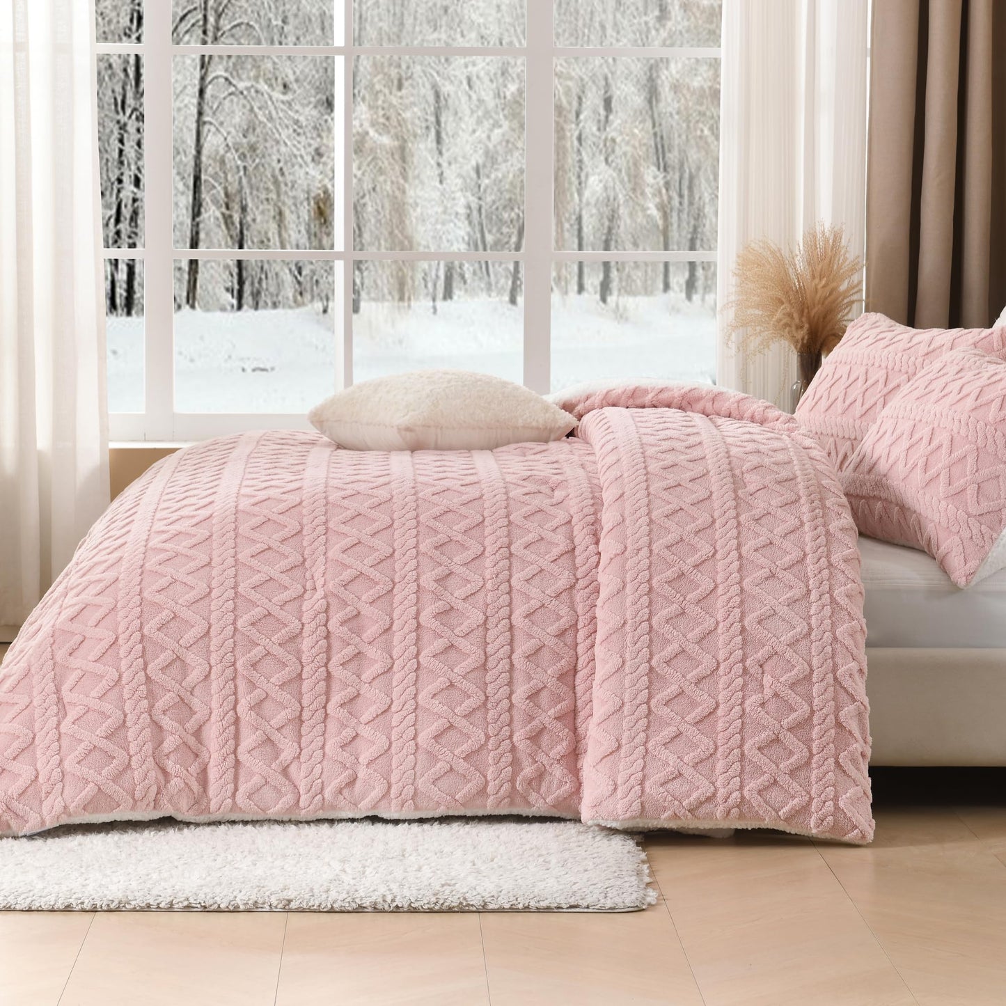 Andency Fluffy Sherpa Full Comforter Set, Super Soft Blush Fleece Warm Bedding for Winter, Luxury Jacquard Boho Thick Fuzzy Plush Bed Set 3 Pieces(1 Shaggy Comforter, 2 Pillowcases)