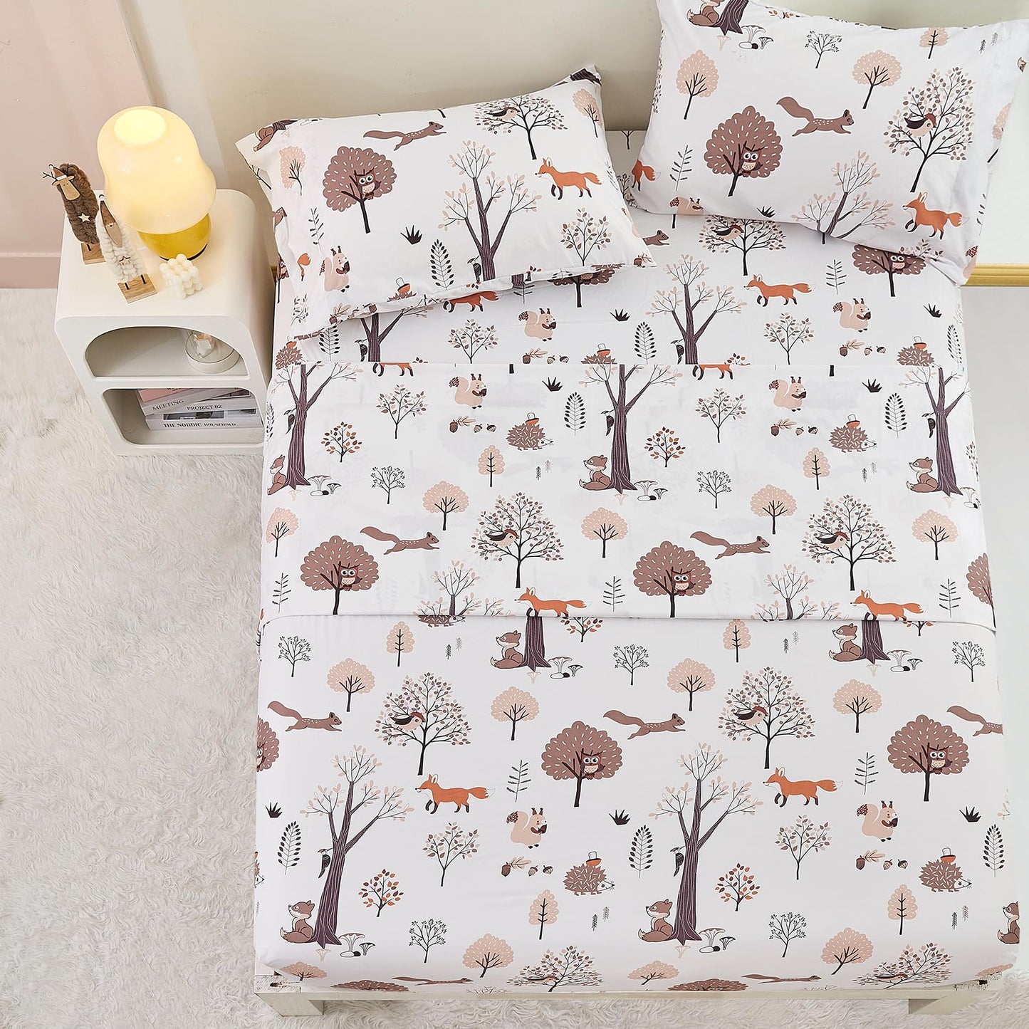 Yibeizi Woodland Forest Kids Sheet Set Full Size, Fall Animal Print Bedsheet Camper Themed Microfiber Deep Pocket Bedding Sheets & Pillowcases 4 Pieces