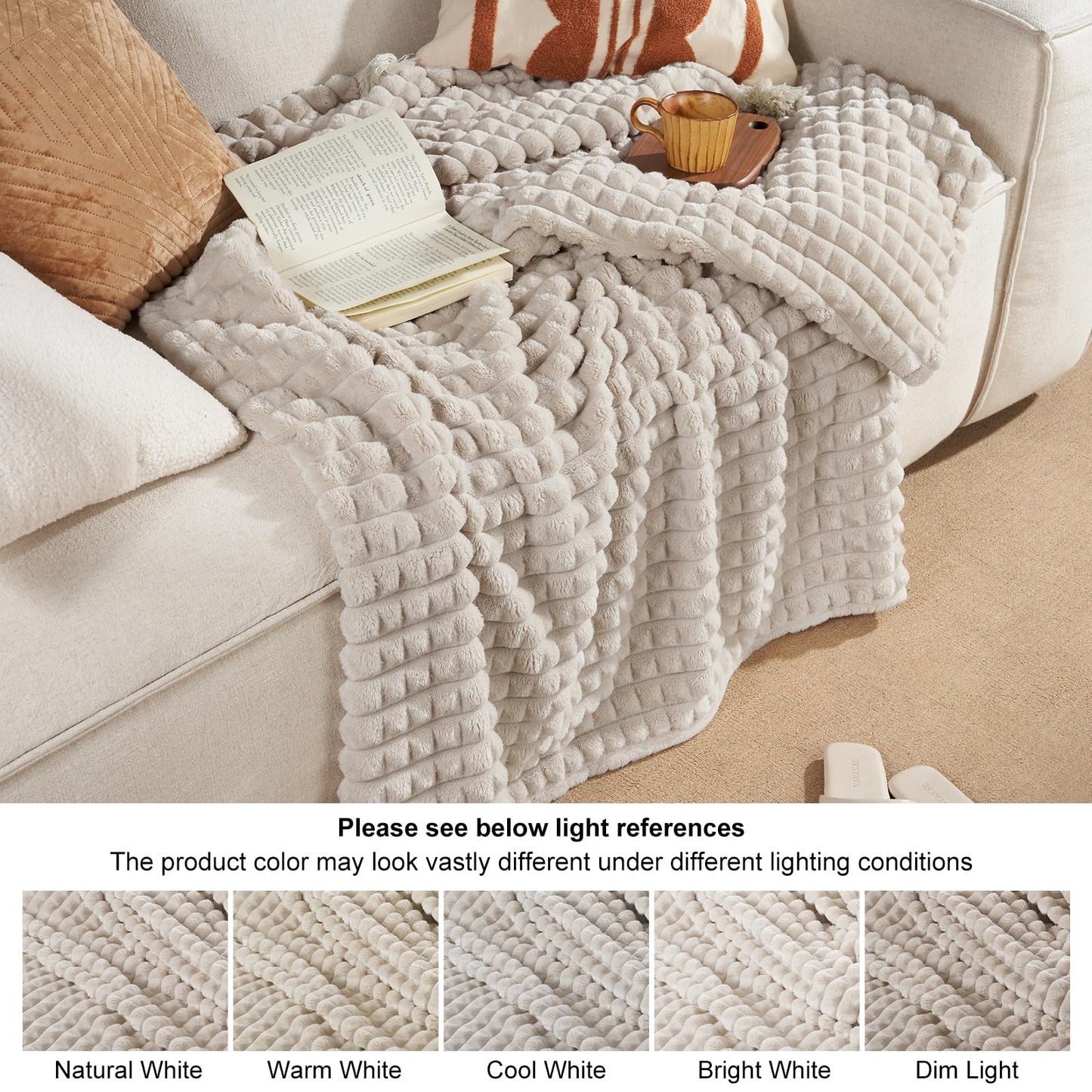 PHF Luxury Soft Fleece Blanket Queen Size, No Shed No Pilling, 380GSM Fluffy Cozy Throw Blankets for Bed, 90"x90", Lightweight Warm Bedding for Home Decor, Ideal Gift for Women, Oak
