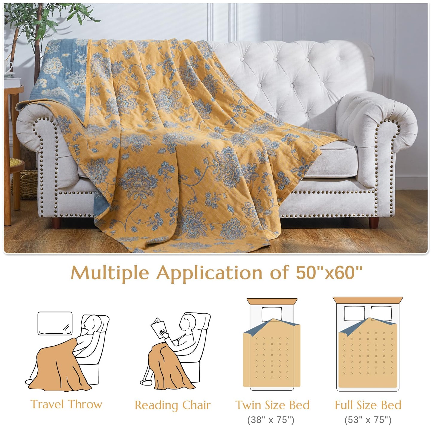 jinchan Boho 100% Cotton Muslin Twin Size 50x60 Inches Blanket Lightweight 4-Layer Quilted Soft Yellow and Blue Floral Throw Blanket Reversible Comfy Flower Breathable All Seasons Couch Bedroom Decor