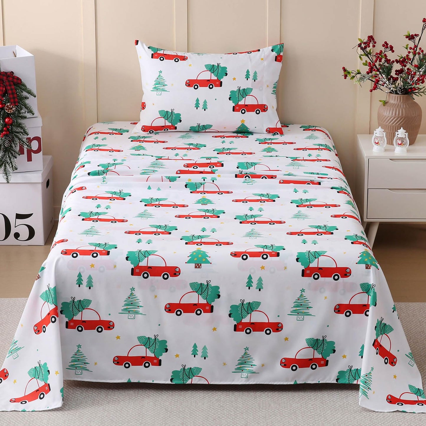 JSD Red Cars Christmas Kids Sheet Set Twin Size, 3 Piece Soft Holiday Printed Microfiber Bed Sheets Deep Pocket