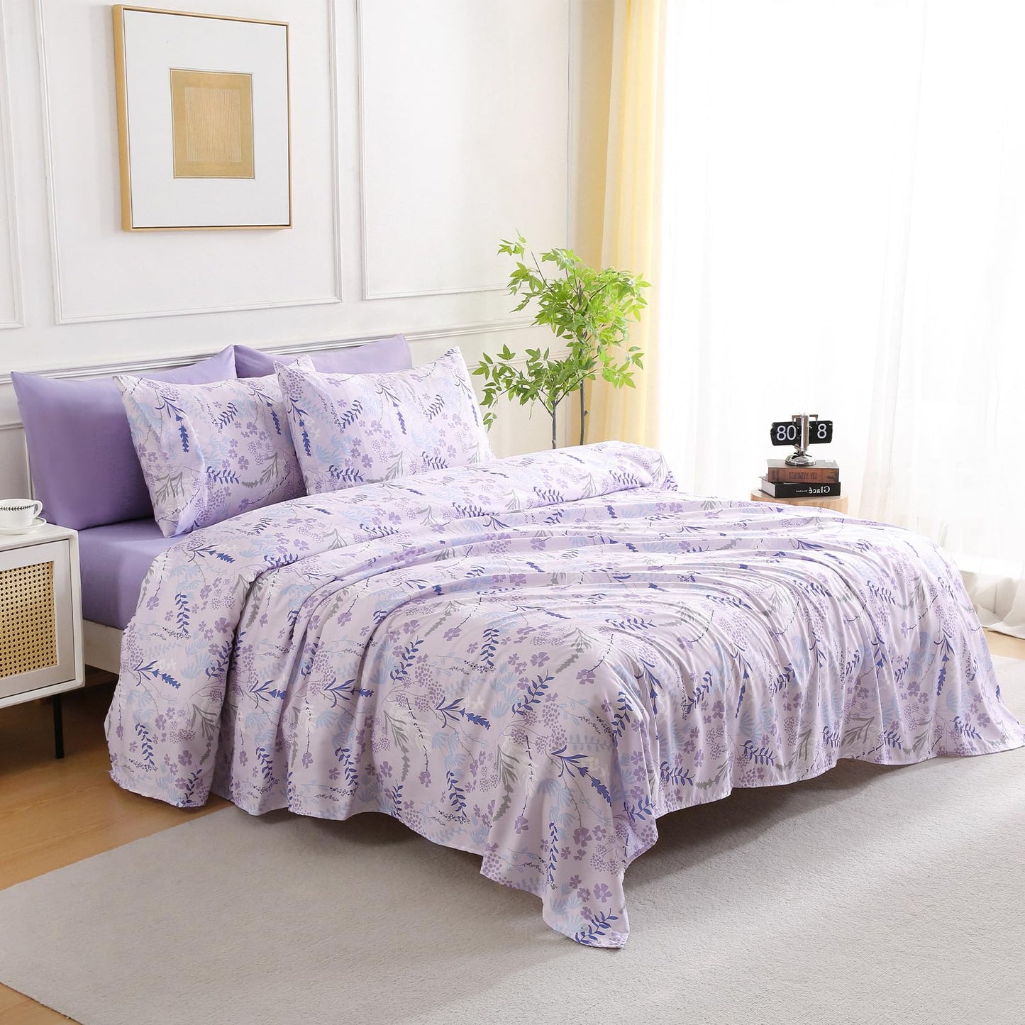 Botanical 6-Piece Full Size Sheets Set, Boho Floral Print Brushed Microfiber Sheets, Cooling Bed Sheet Set, Ultra Soft & Breathable, 16' Deep Pocket Fitted Sheet & Pillowcase Set, Purple Floral
