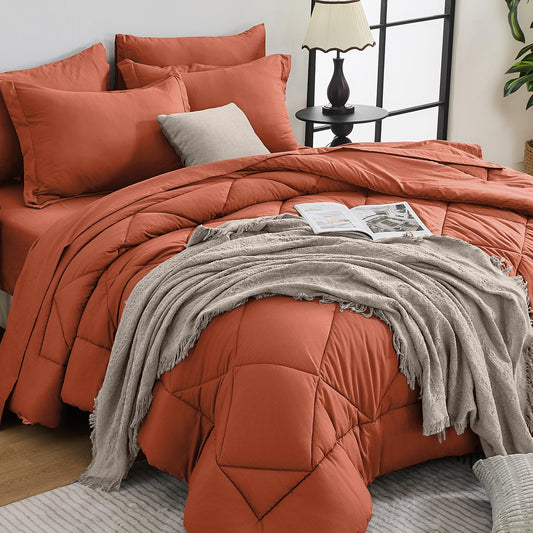 HEVUMYI Burnt Orange Queen Comforter Set - 7-Piece All Season Bed in a Bag Queen, Ultra Soft Bedding Set with Comforter, Flat Sheet, Fitted Sheet, Pillowcases, Pillow Shams