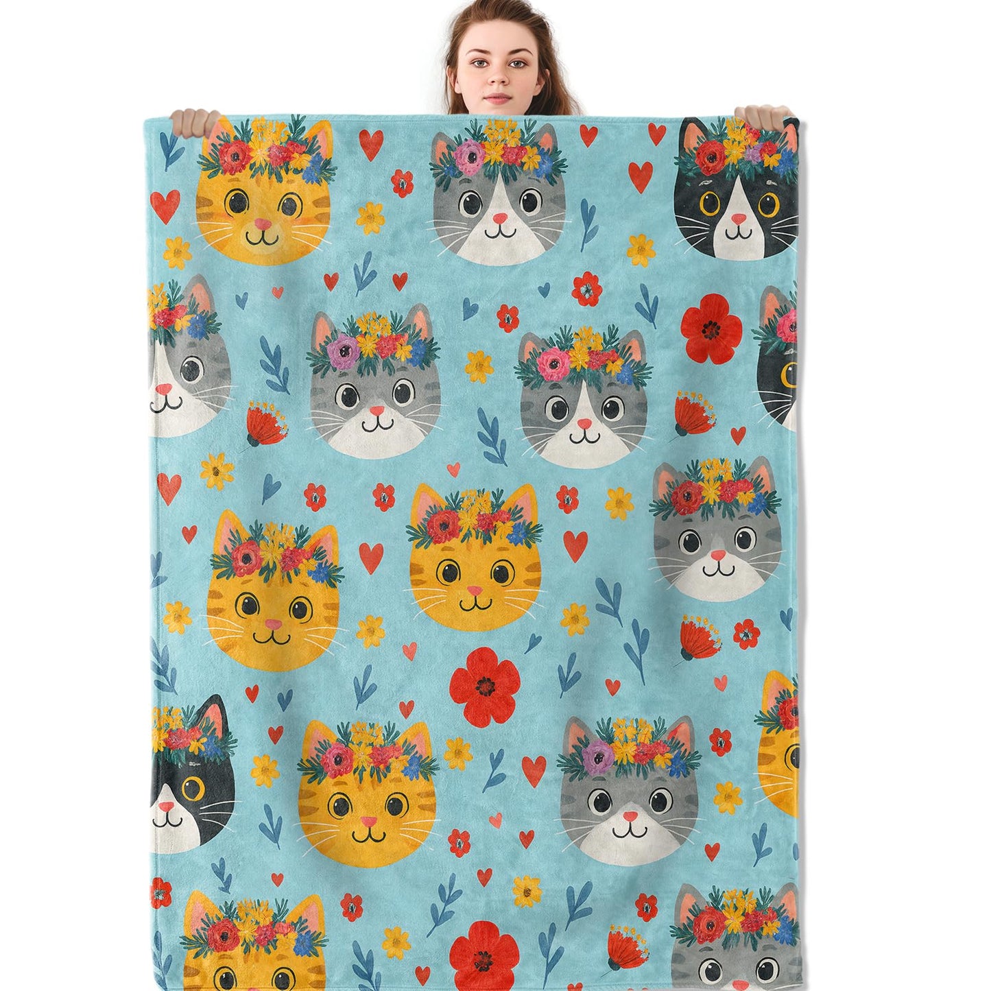 Mniedc Cat Floral Crown Blanket, Cute Kitten Flannel Throw Blankets, 50"x60", Soft Warm Lightweight Fuzzy Cozy Throws for Couch Bed Sofa Living Room Decorative Gifts for Pet Lover Women Girls, Blue