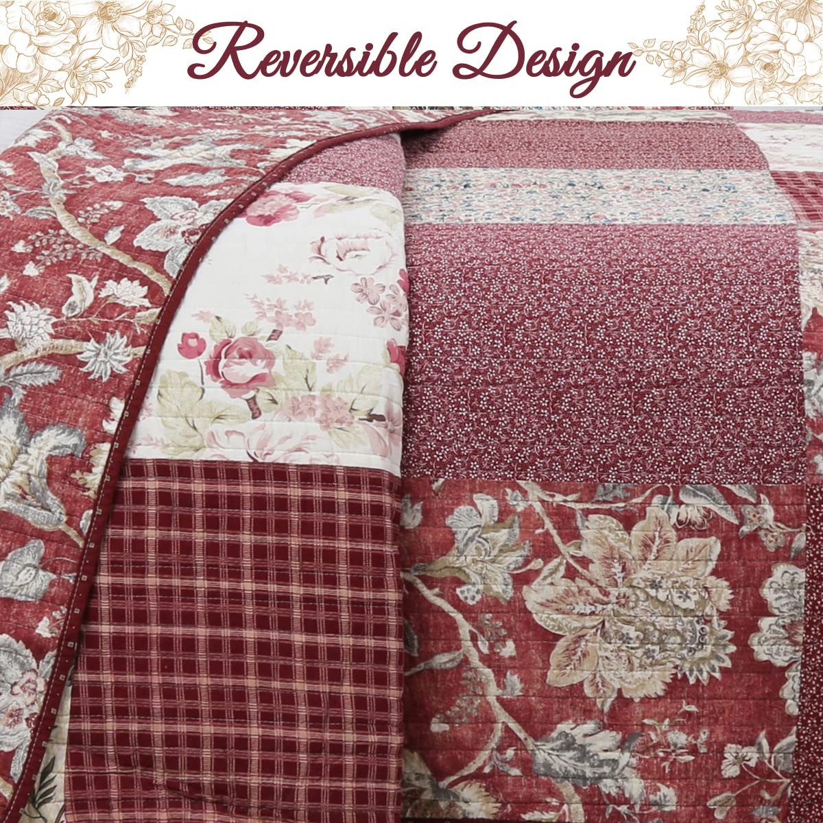 Cozy Line Home Fashions 100% Cotton Hand Piecing Real Patchwork Vintage Burgundy Rose Cottage Reversible Quilt Set, Coverlet Bedspread (Red Floral, King - 3 Piece)