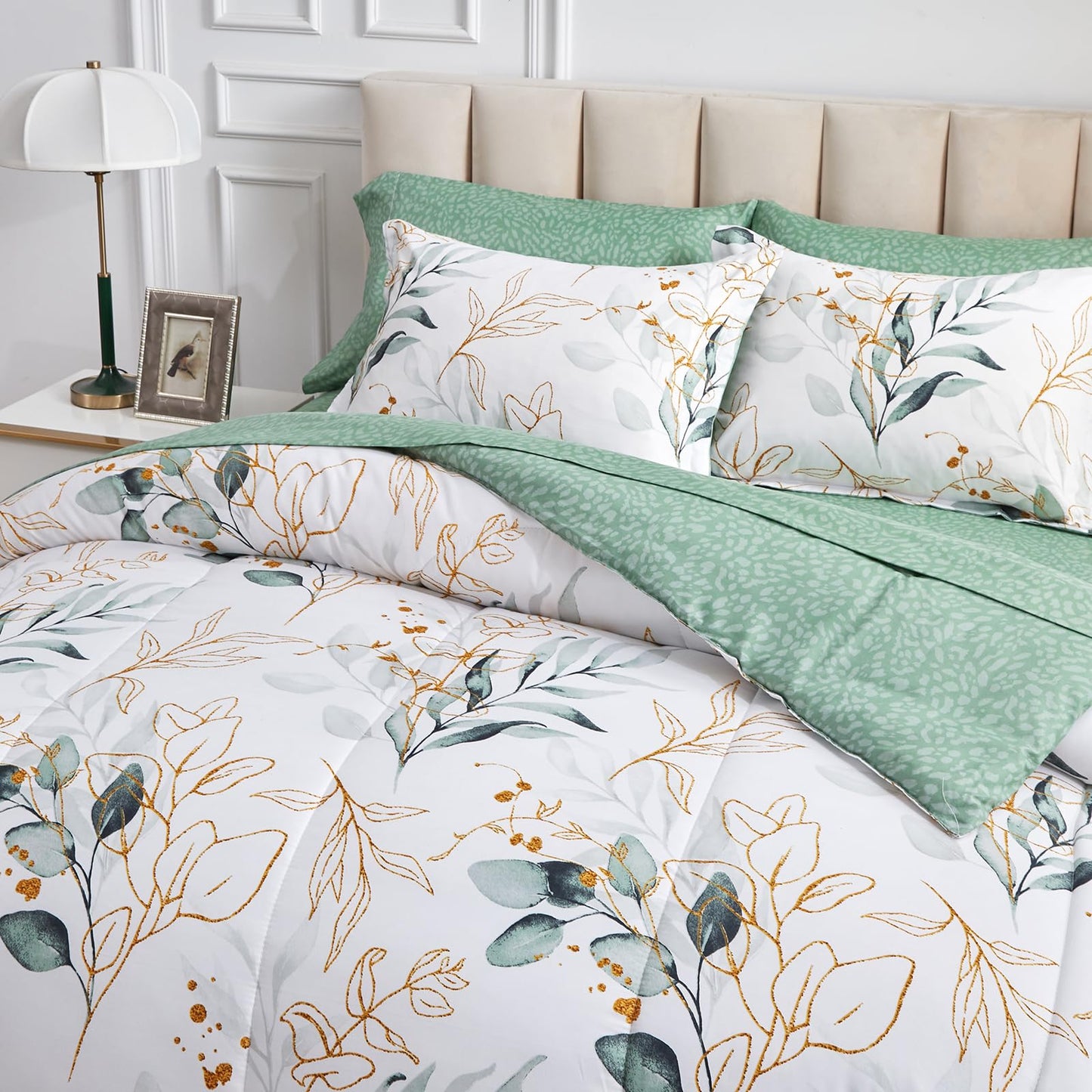 Joyreap 6 Piece Bed in a Bag Twin, Green Leaves Printed on White Botanical Design, Microfiber Comforter Set for All Season (1 Comforter, 2 Pillow Shams, 1 Flat Sheet, 1 Fitted Sheet, 1 Pillowcase)