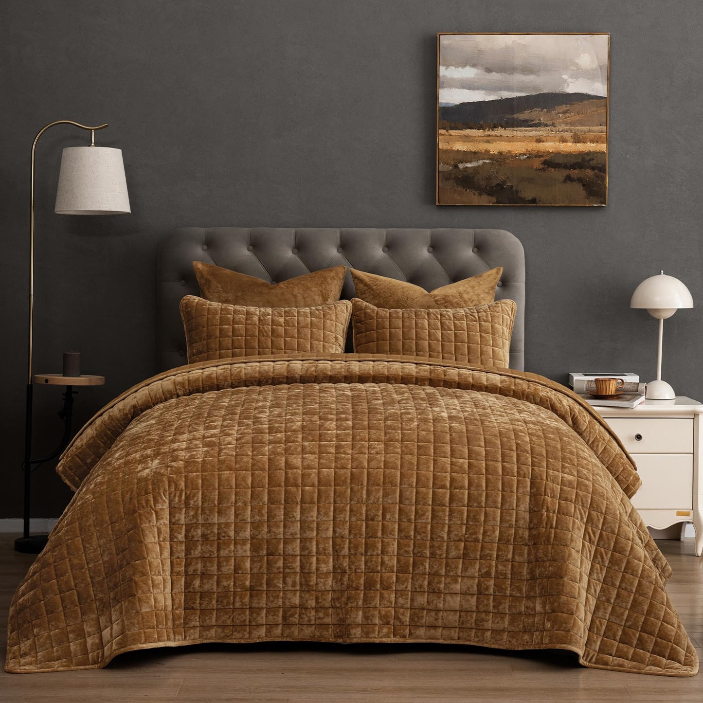PHF Luxurious Velvet Quilt Set Queen Size – 3PCS Super Soft Quilted Comforter Alternative with Square-Box Quilt Pattern, Warm Quilted Bedspread Coverlet, 90" x 92", Rusty Burnt Orange